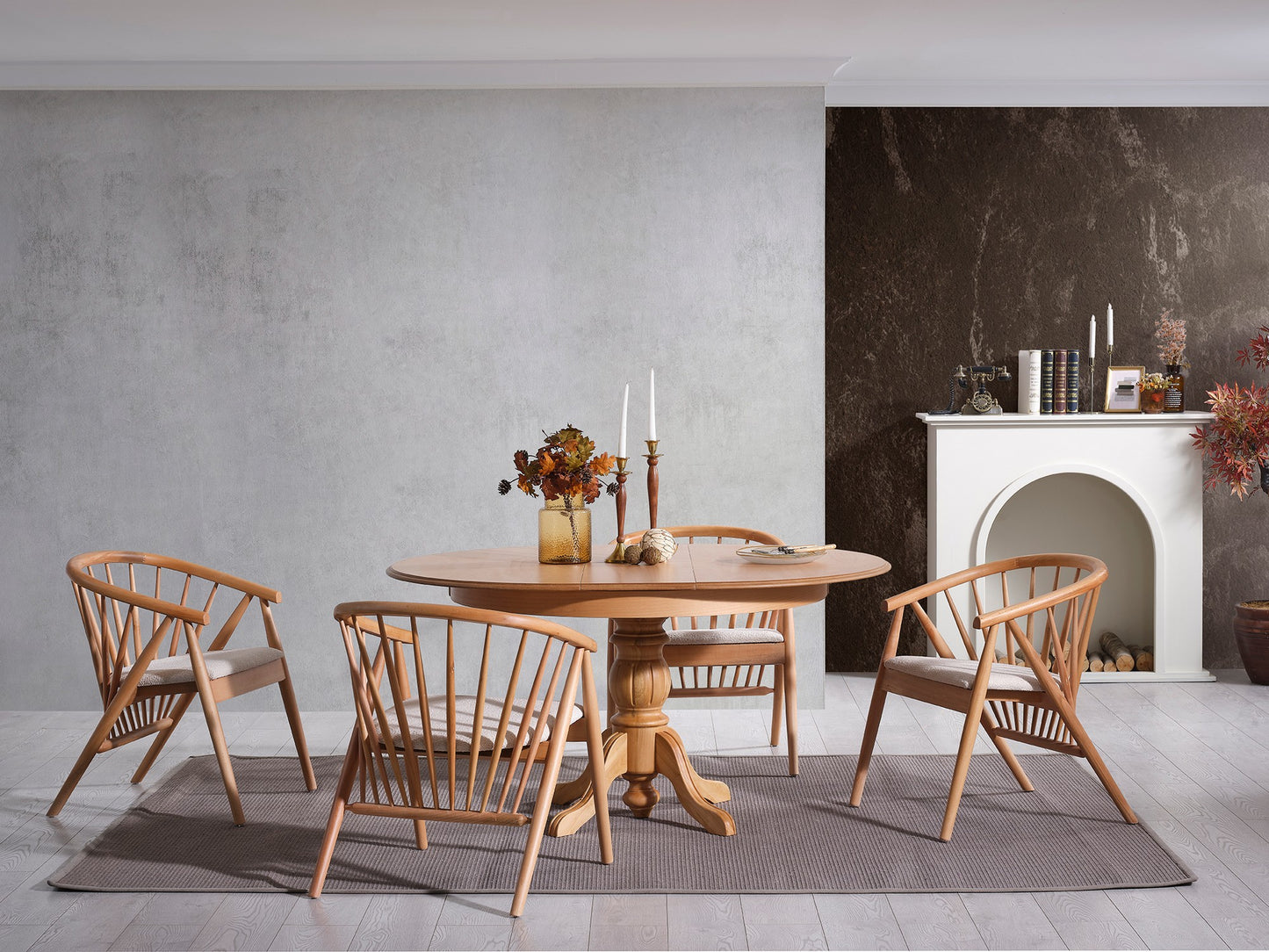 Τραπέζι Κουζίνας Τραπεζαρίας Στρόγγυλο 118 εκ Επεκτεινόμενο 158 εκ με 4 Καρέκλες Σετ 117FRF1503