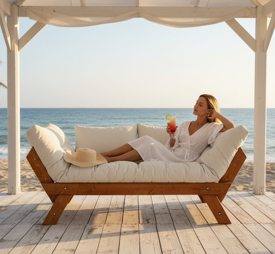 Ξύλινος Καναπές Κήπου Διθέσιος με Μαξιλάρια Αδιάβροχα Πεύκο και Λινό ύφασμα 120PLT1128