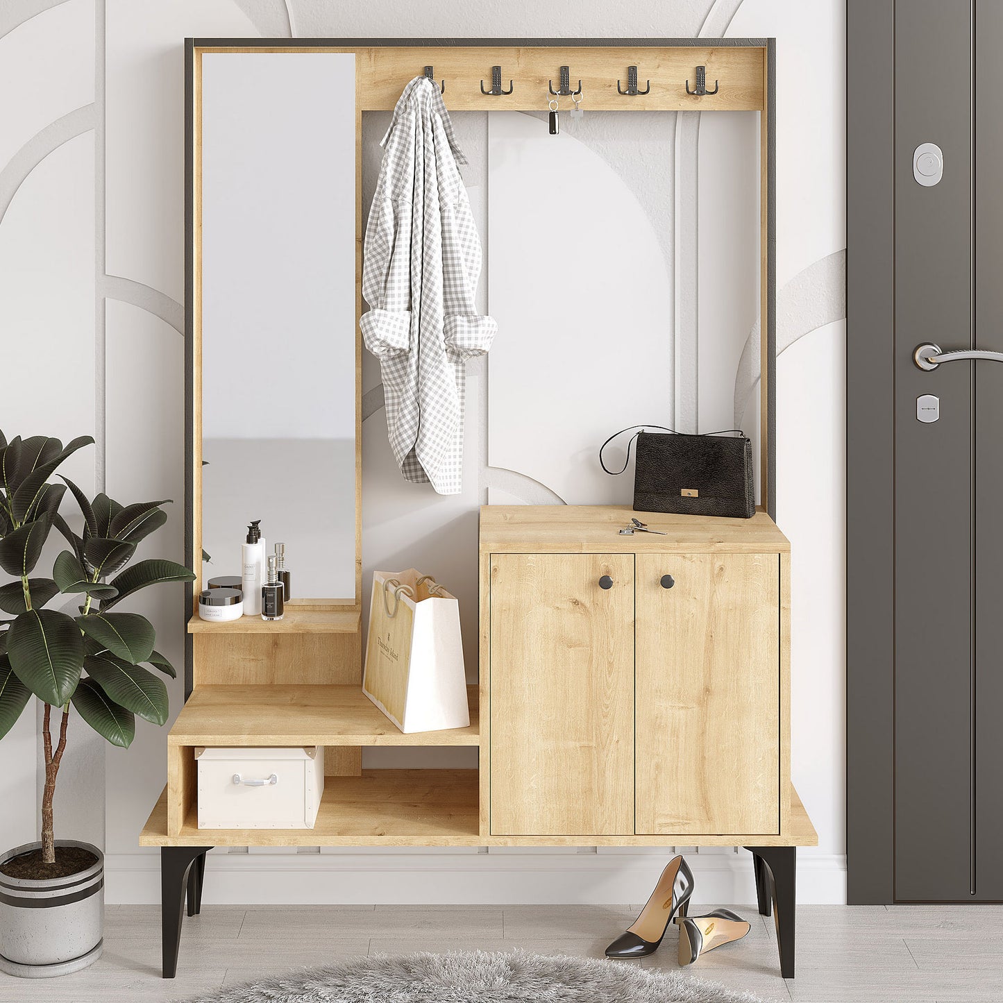 Έπιπλο Εισόδου Βάση για Παλτό με Καθρέφτη Παπουτσοθήκη Κρεμάστρα Ρούχων Ντουλάπι Διαδρόμου 393MRD1113