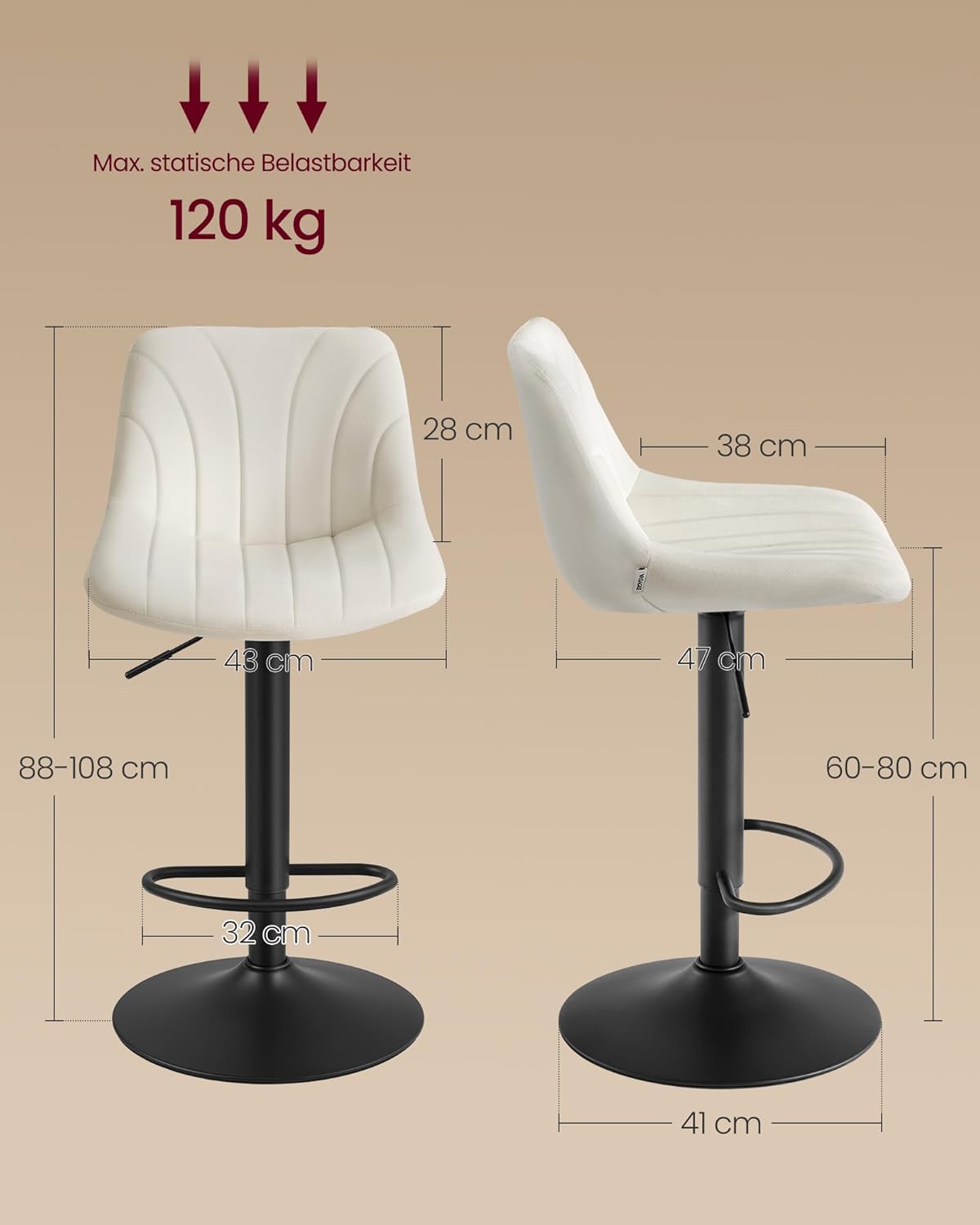 Σκαμπό για Πάσο Κουζίνας Σετ 2 τμχ Ρυθμιζόμενο Ύψος 60-80 εκ με Μεγάλη Σταθερή Βάση Κρεμ LJ-B161WD01