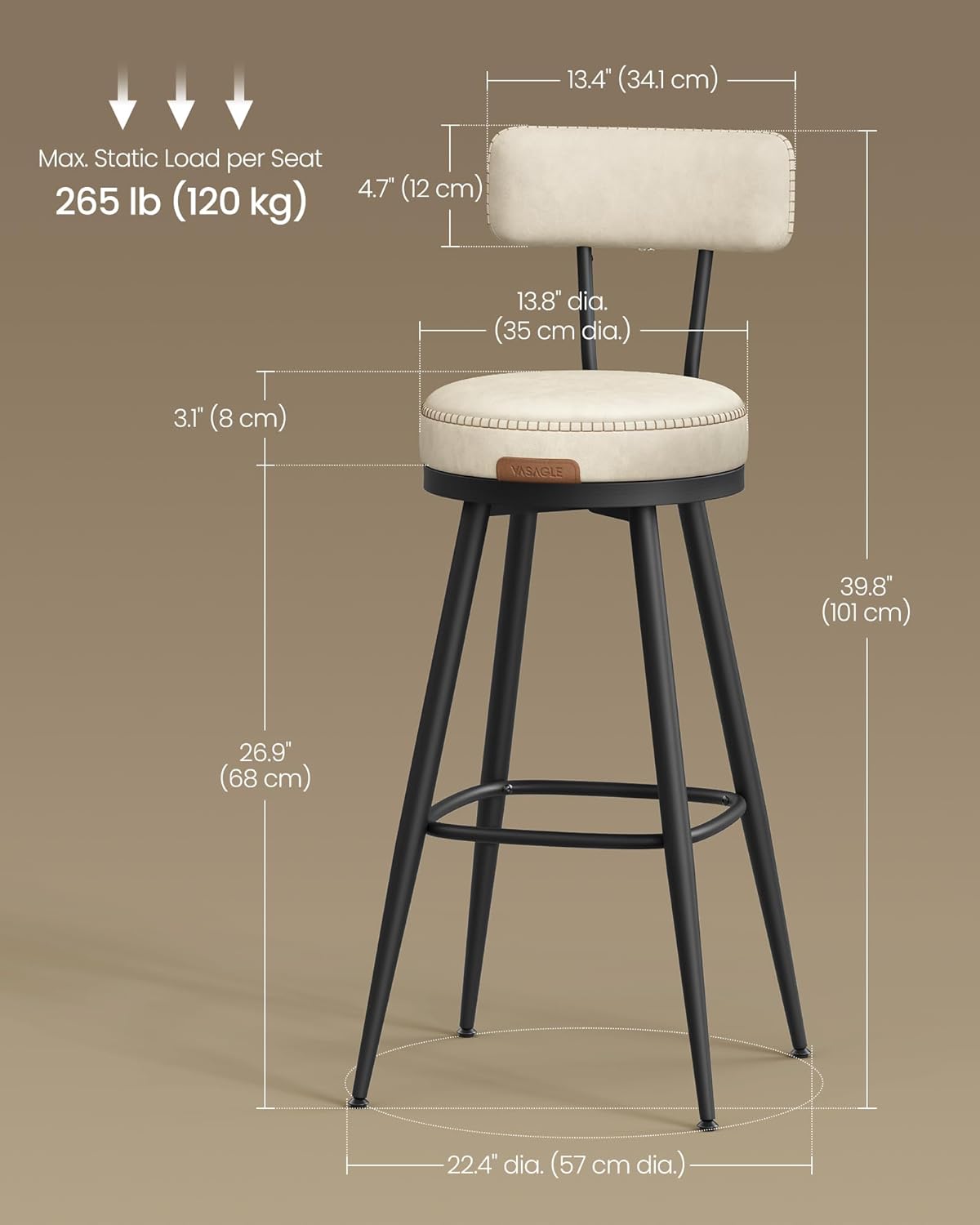 Σκαμπό για Πάσο Κουζίνας Σετ 2 τεμ. και για Μπαρ Περιστρεφόμενα Άνετο Σταθερό EKHO Ύψους Καθίσματος 76 εκ LB-C889W01