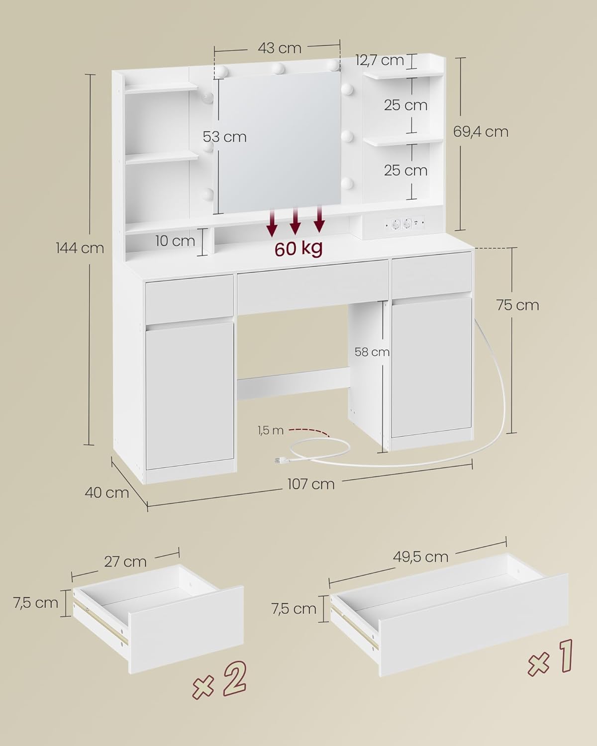Τραπέζι Μπουντουάρ Μακιγιάζ Tουαλέτας με Καθρέφτη και φώτα LED Πολύπριζο Ντουλάπια 3 χρώματα Φωτός RD-T142WB02