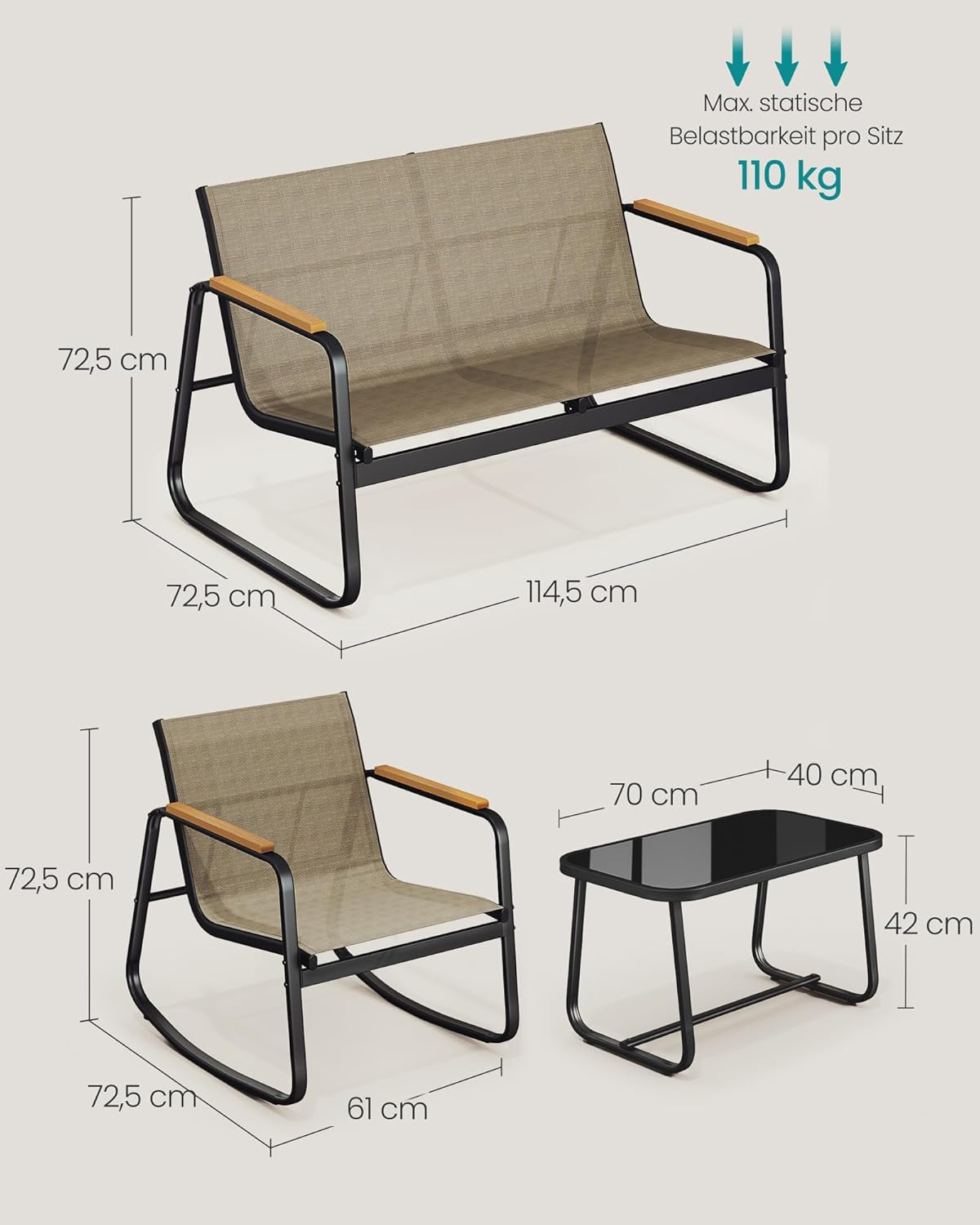 Σαλονάκι Μπαλκονιού Έπιπλα Κήπου 4 τεμ σετ Σαλόνι Βεράντας Πολυθρόνες Καναπεδάκι Κουνιστές Κάμελ GG-F0028KZ01