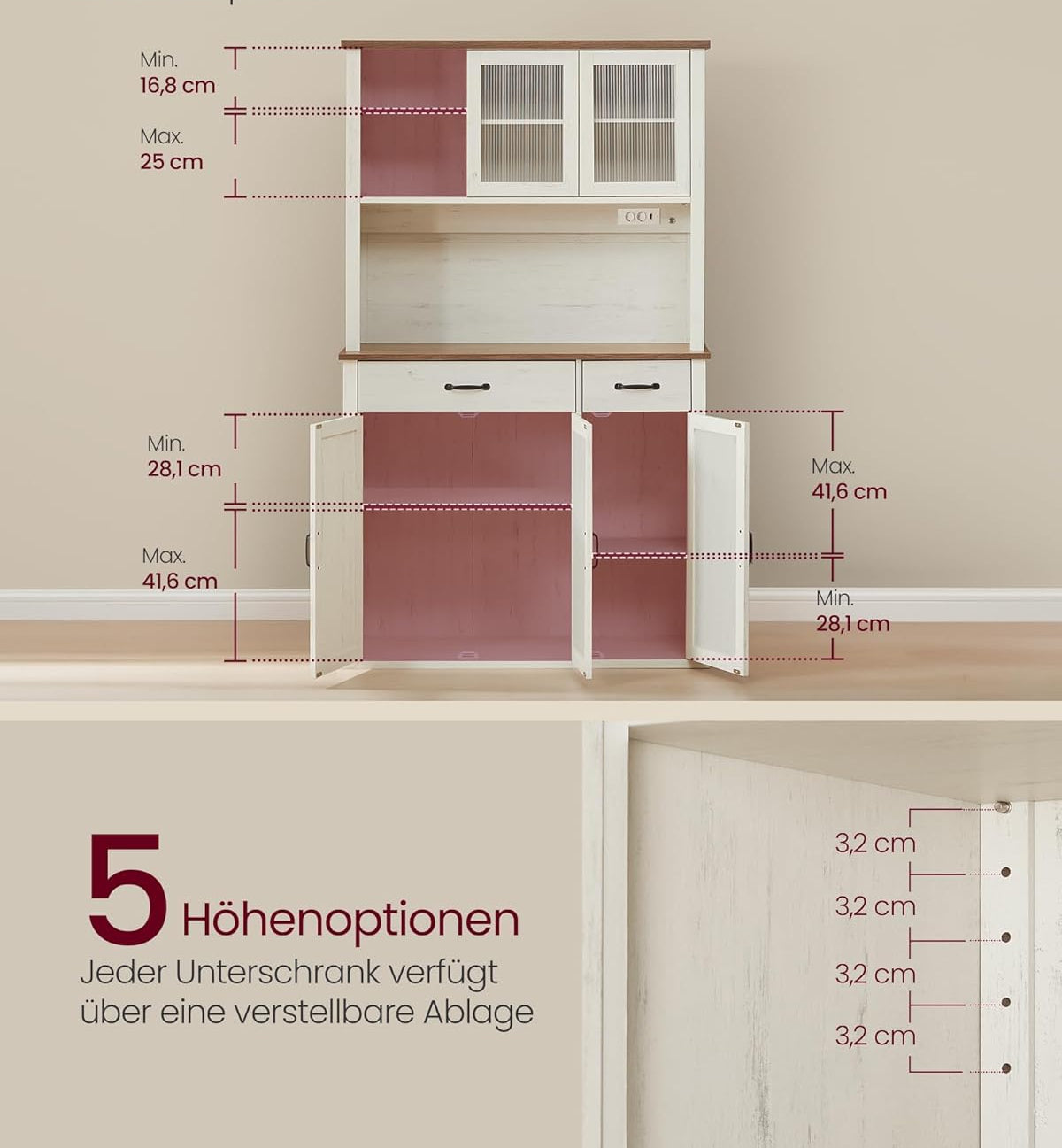 Μπουφές με φωτισμό Ντουλάπι Βοηθητικό Ράφι Κουζίνας με Συρόμενες πόρτες και συρτάρια 39,5 x 106,5 x 180,6 εκ Παλαιωμένο Λευκό BB-K391W02