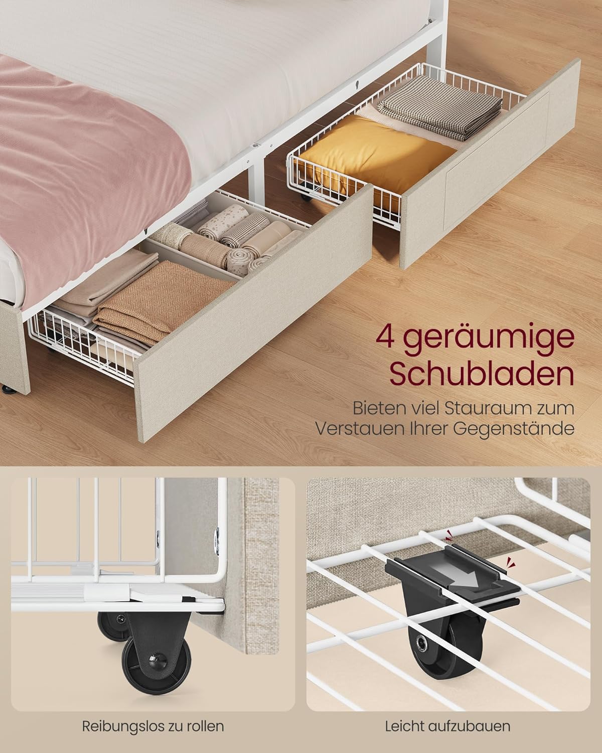 Σκελετός Διπλού Κρεβατιού 160 x 200 εκ. LED Φωτισμό 4 Συρτάρια Αποθήκευσης Σταθμός Φόρτισης Ρυθμιζόμενο Κεφαλάρι με Επένδυση Κρεβάτι Cappuccino Μπεζ RM-B828LH01