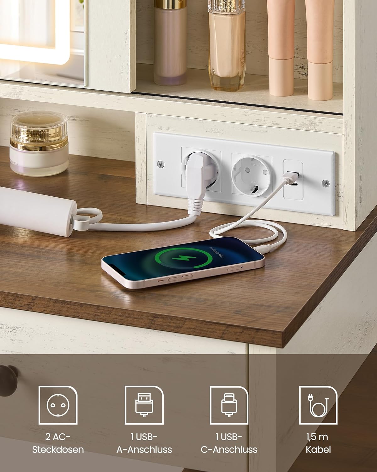 Τραπέζι Μπουντουάρ Μακιγιάζ Tουαλέτας Με Σκαμπό Κρεβατοκάμαρας Καθρέφτης Αφής Ντουλάπι Κοσμημάτων και Πρίζες Παλαιωμένο Λευκό RD-T136W01