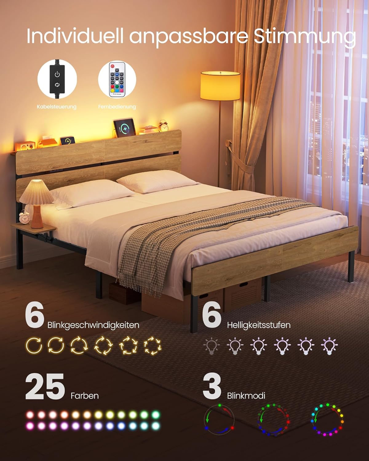 Σκελετός Κρεβατιού 140 x 200 εκ Φωτισμός LED Θύρα USB Αποθήκευση Κάτω από το Κρεβάτι Boho Φυσικό Καφέ RMB-104HC01