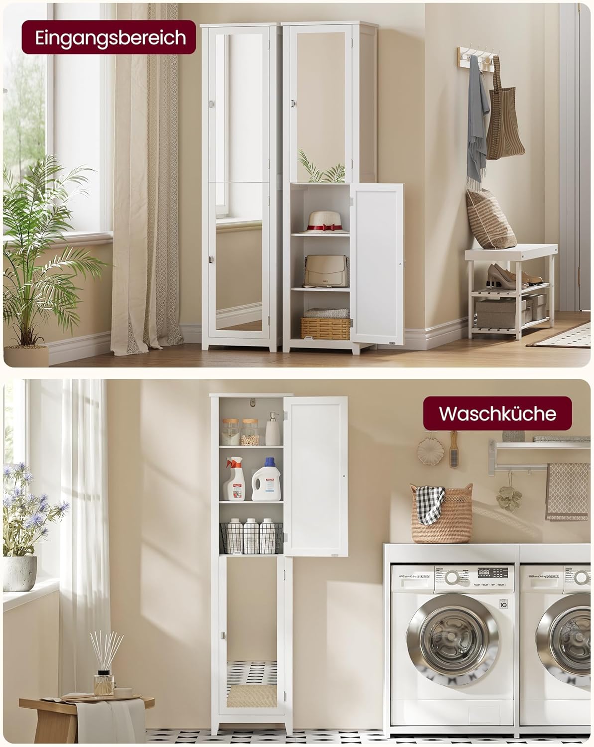 Ντουλάπι Μπάνιου με Ολόσωμο Καθρέφτη Ψηλό Ντουλάπι Εισόδου Ντουλάπι Μπάνιου με Ρυθμιζόμενα Ράφια, 30 x 40 x 160 εκ για Μικρούς Χώρους Σαλόνι Διάδρομος BB-C764WH01