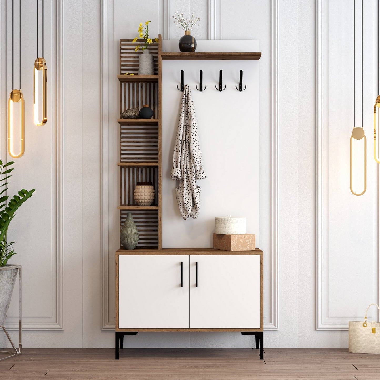 Έπιπλο Εισόδου Βάση Χολ με Ράφια Γάντζους Μοντέρνο Βιομηχανικό Έπιπλο Εισόδου Παπουτσοθήκη 845HCT4220