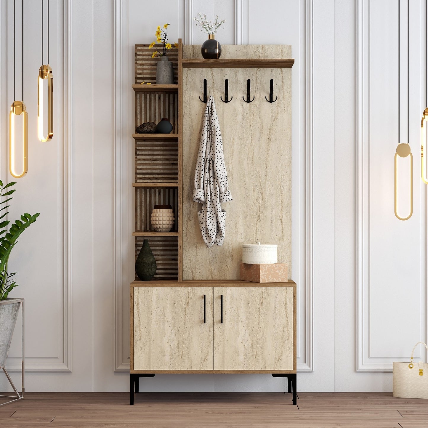 Έπιπλο Εισόδου Βάση Χολ με Ράφια Γάντζους Μοντέρνο Βιομηχανικό Έπιπλο Εισόδου Παπουτσοθήκη 845HCT5613