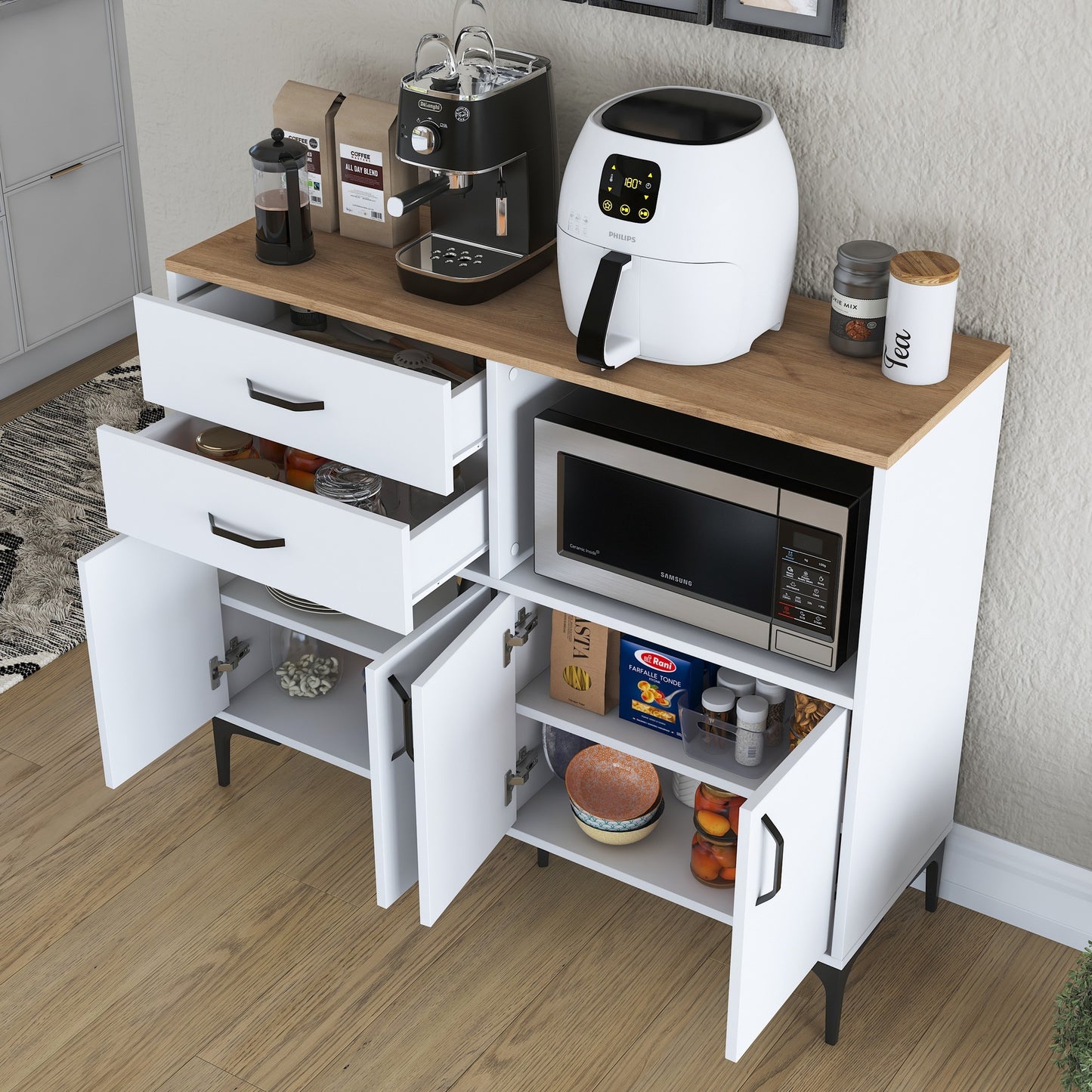 Μπουφές Πολυλειτουργικός Ράφι Κουζίνας Βοηθητικό Ντουλάπι Μικροκυμάτων με Συρτάρια 120x98x40 εκ OG-893RAN4963