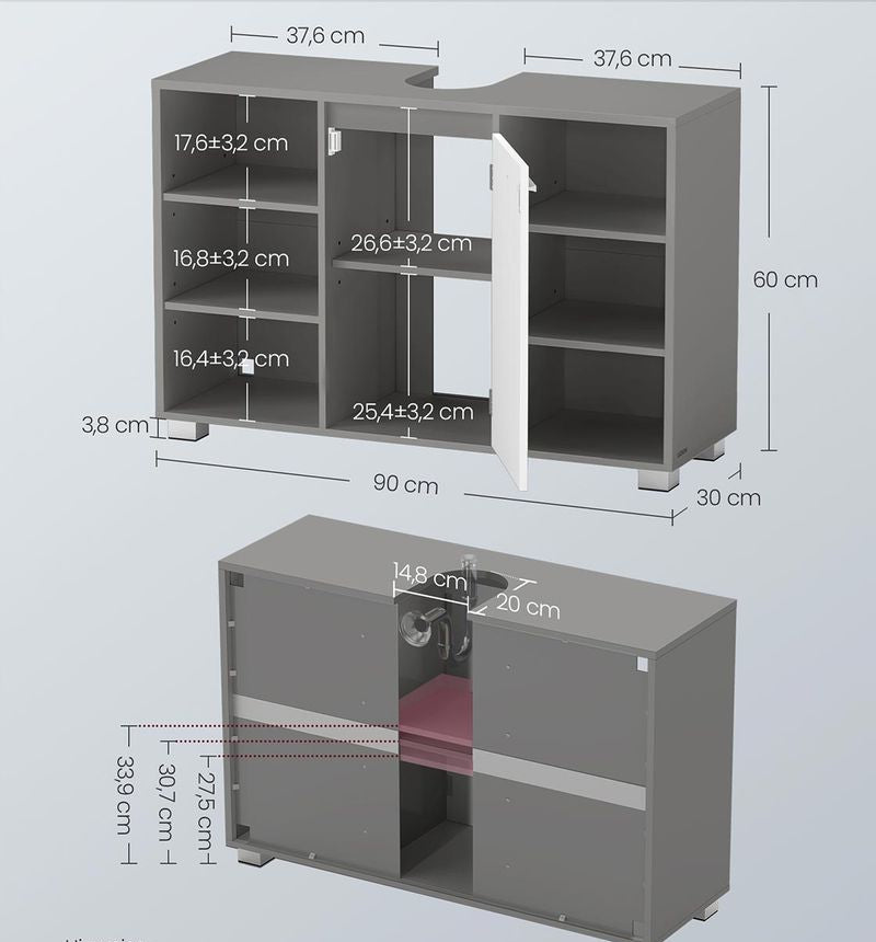 Ντουλάπι Μπάνιου Βάση Νιπτήρα Γκρί 30 x 90 x 60 εκ με Ράφια BB-K507G01