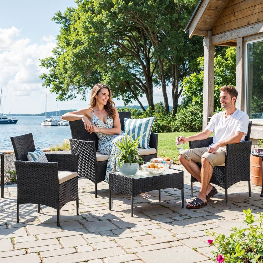 Σαλονάκι Μπαλκονιού Έπιπλα Κήπου 4 τεμ σετ Σαλόνι Βεράντας Καναπές Πολυθρόνες Μαύρο Μπεζ GGF-B35004B05