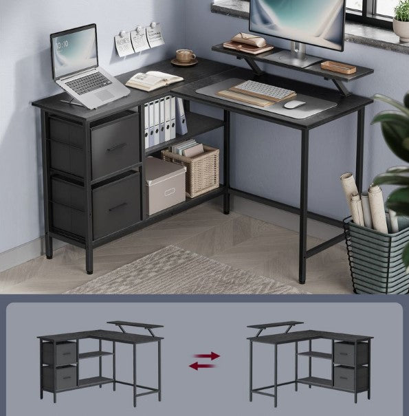 Γραφείο Υπολογιστή Γωνιακό Βάση Οθόνης με συρτάρια 105 x 115 x 89,5 εκ Καφέ και Μαύρο LW-D097B01