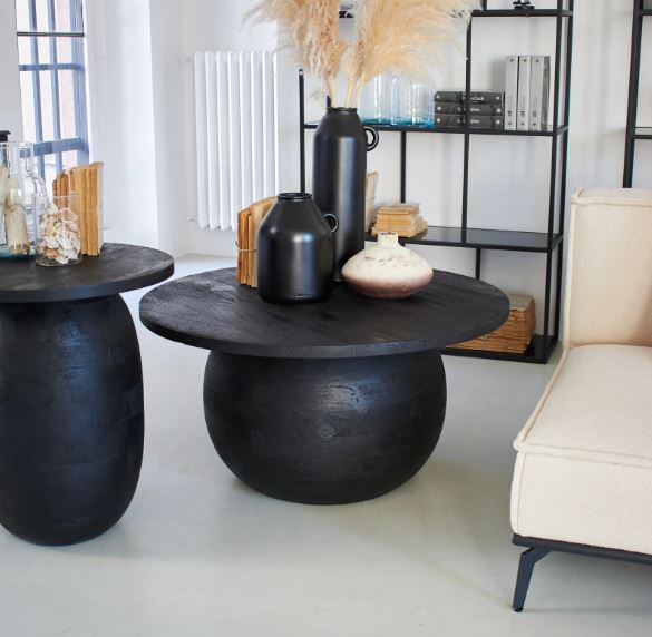 Στρογγυλό Τραπεζάκι Σαλονιού 90εκ Μασίφ Ξύλο Παλαιωμένο Μαύρο Ματ 47.3322