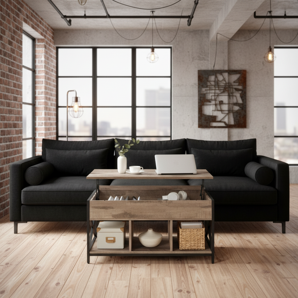 Τραπεζάκι Σαλονιού Με Ρυθμιζόμενο Ύψος 50 x 100 εκ. Βοηθητικό Τραπέζι Για Εργασία Φαγητό Λάπτοπ Κρυφός Αποθηκευτικός Χώρος LC-T202B01