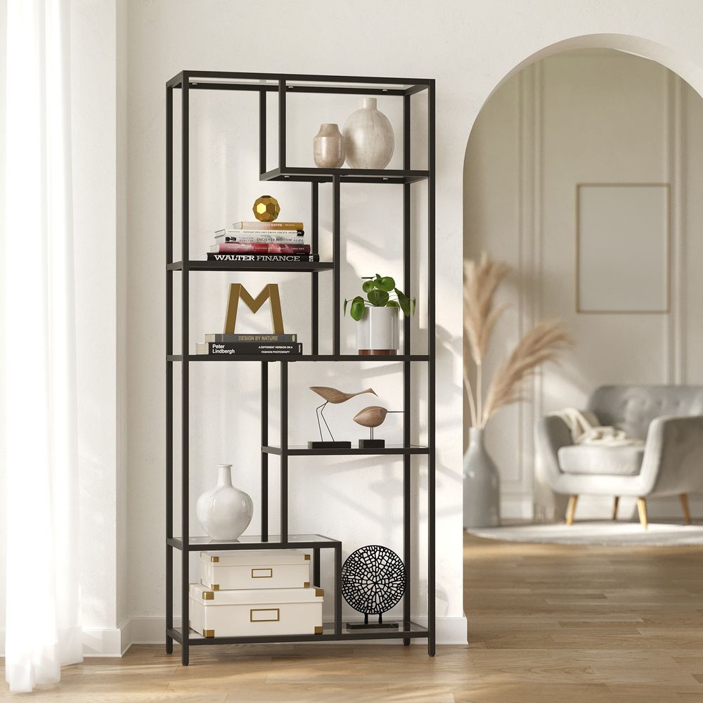 Hohes Regal, modernes Bücherregal, Glas, Gold, 6 Regale für Wohnzimmer, Büro, LG-T502A01