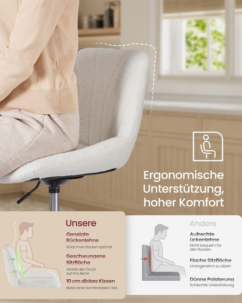 Καρέκλα Γραφείου Κρεμ Μπουκλέ Άνετη Καρέκλα Μπουντουάρ Εξοικονόμησης Χώρου Περιστρεφόμενη Ρυθμιζόμενου Ύψους LJB160WD01