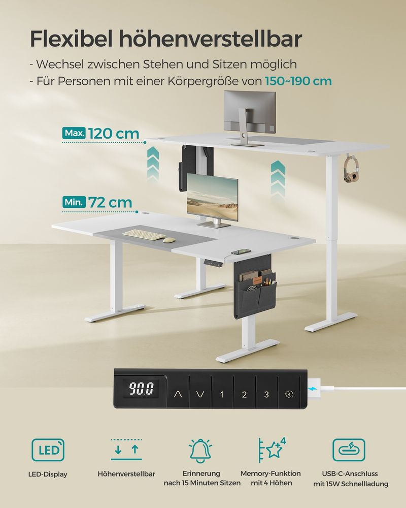 Μεγάλο Γραφείο Ρυθμιζόμενου Ύψους Ηλεκτρικό Λευκό 180x80 εκ Θύρα USB-A LSD-028WZ03