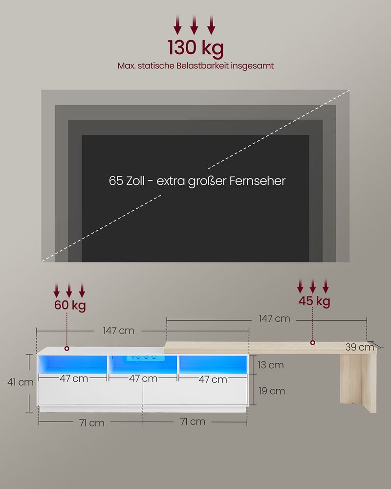 Έπιπλο Τηλεόρασης με Ρυθμιζόμενο Μήκος 162-270 εκ Ντουλάπι Γωνιακό Φωτισμός LED με Πολύμπριζο LTV-126W02
