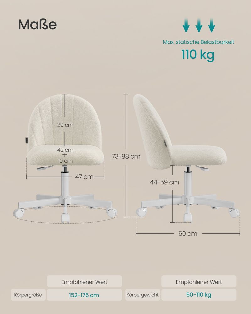 Καρέκλα Γραφείου Κρεμ Μπουκλέ Άνετη Καρέκλα Μπουντουάρ Εξοικονόμησης Χώρου Περιστρεφόμενη Ρυθμιζόμενου Ύψους OB-G027WD01