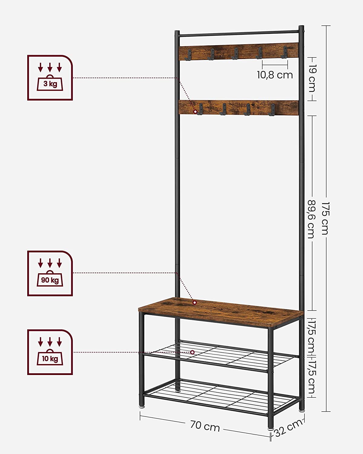 Entryway Furniture Coat Stand Clothes Hanger Wardrobe Closet Shoe Rack for Corridor Vintage Brown HS-R41BX