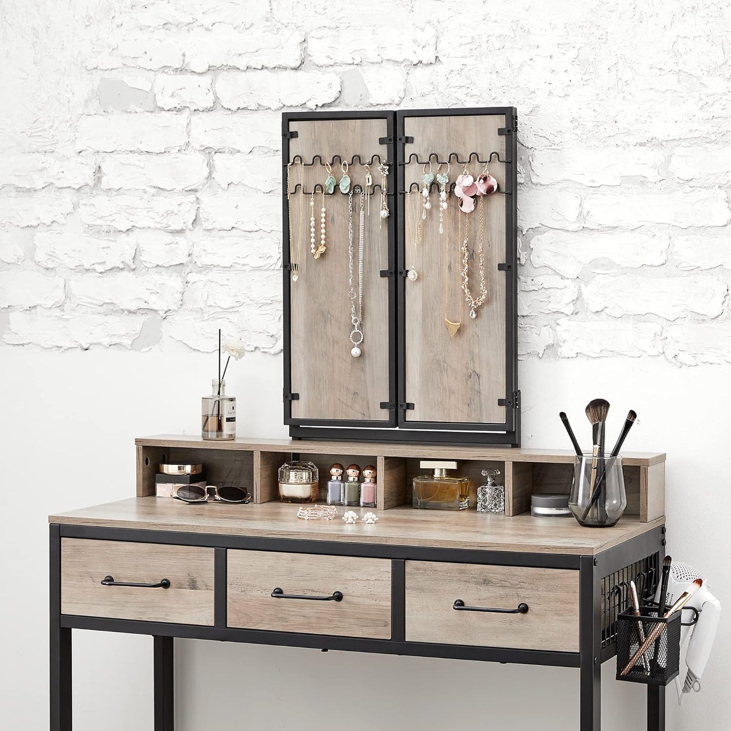 Schminktisch mit Klappspiegel Schlafzimmer Schminktisch mit Hocker Schubladen Industriedesign Grau RV-T004B02