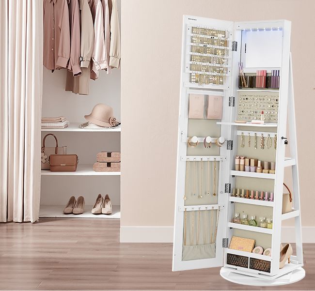 Ολόσωμος Καθρέφτης Κρεβατοκάμαρας Ντουλάπι Με Εσωτερικό Καθρέφτη και Φωτισμό για Μακιγιάζ Περιστρεφόμενο και Ράφια Αποθήκευσης B34-JJC007W01