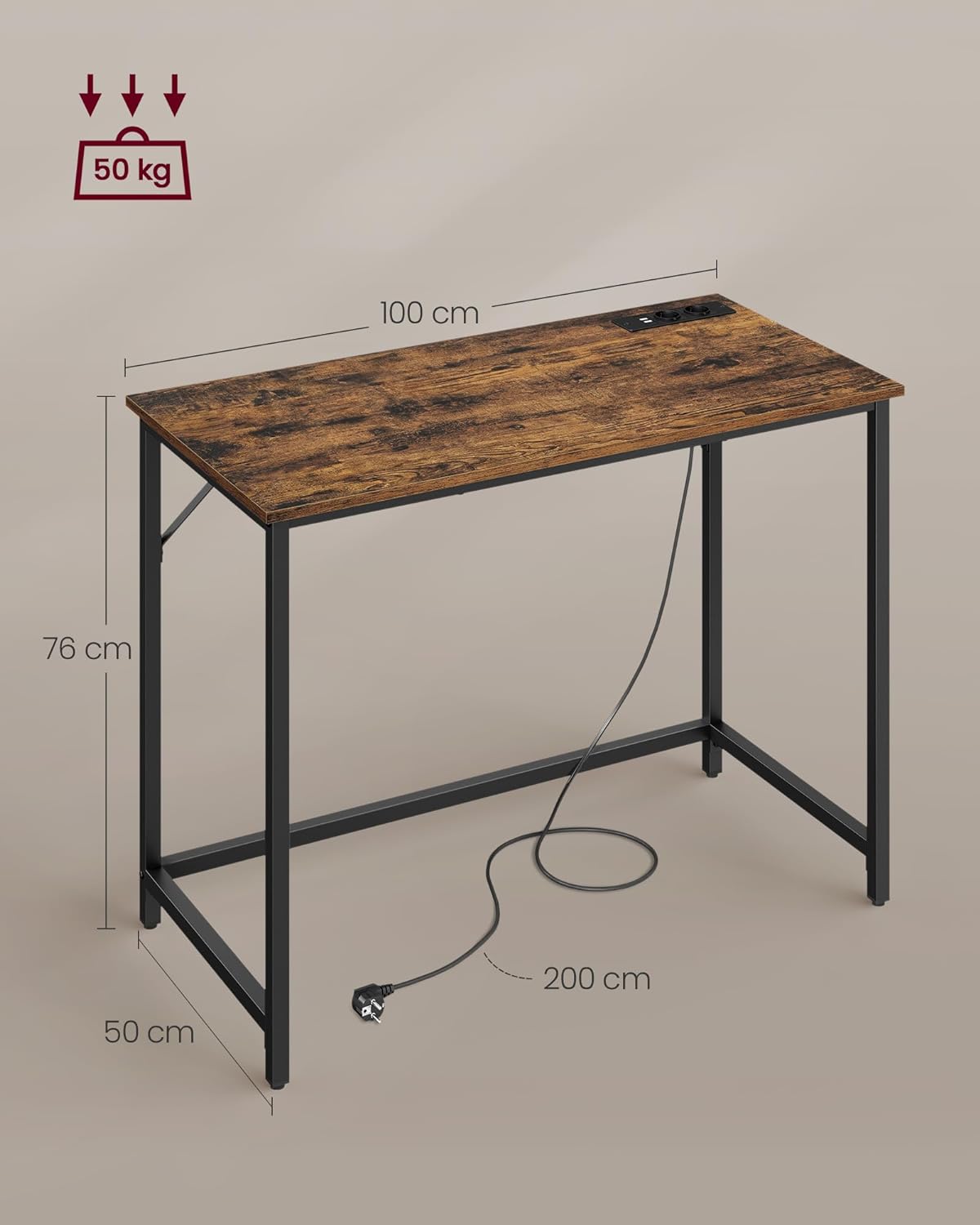 Γραφείο Υπολογιστή Τραπέζι με φωτισμό LED Πολύπριζο Γραφείο σπιτιού Vintage καφέ μαύρο LW-D141B81