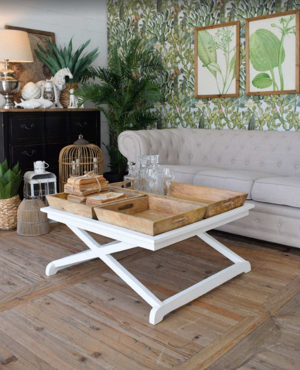 Großer weißer Couchtisch im Kolonialstil, Couchtisch mit 3 Tabletts 47.3187