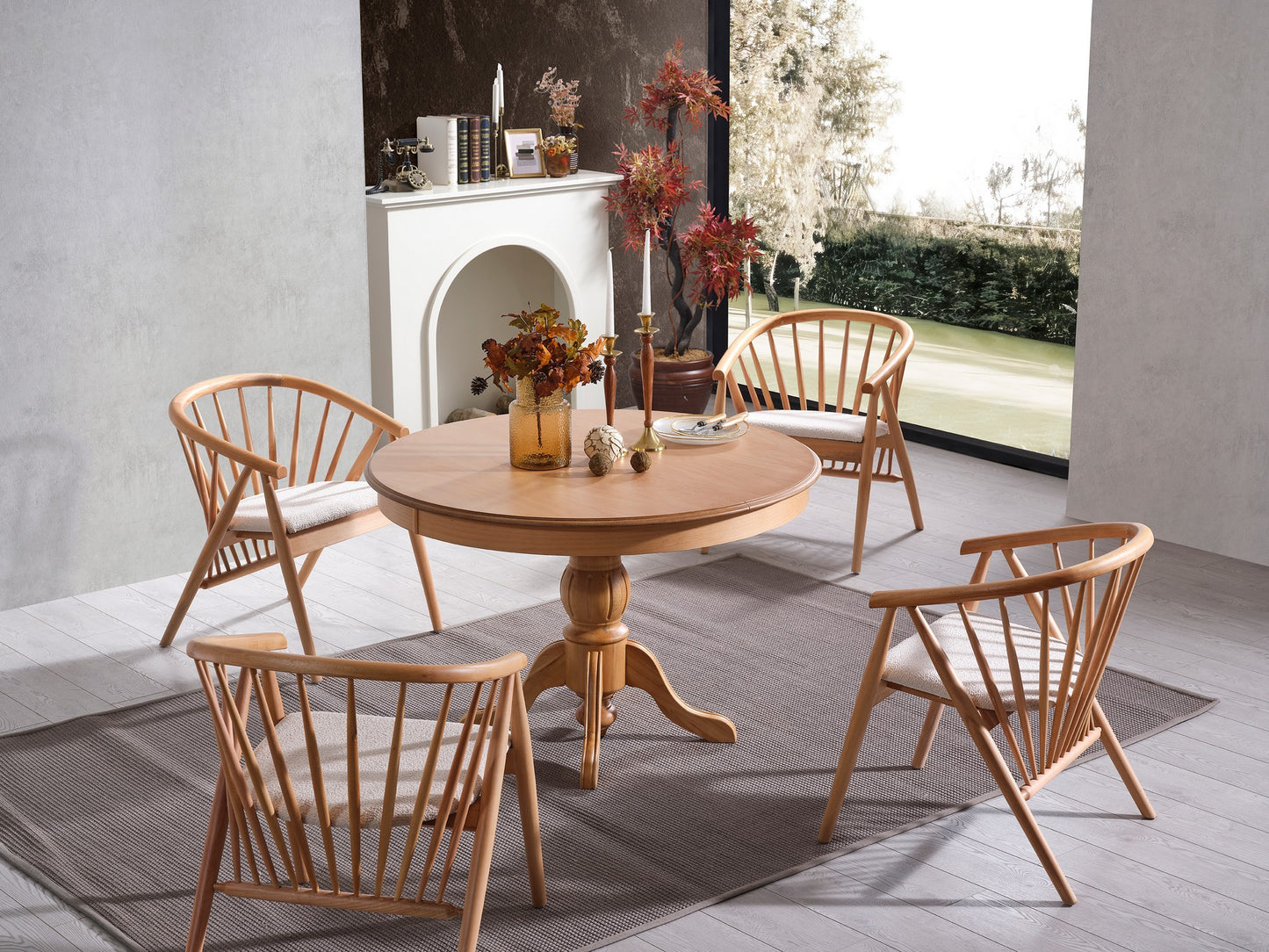 Τραπέζι Κουζίνας Τραπεζαρίας Στρόγγυλο 118 εκ Επεκτεινόμενο 158 εκ με 4 Καρέκλες Σετ 117FRF1503