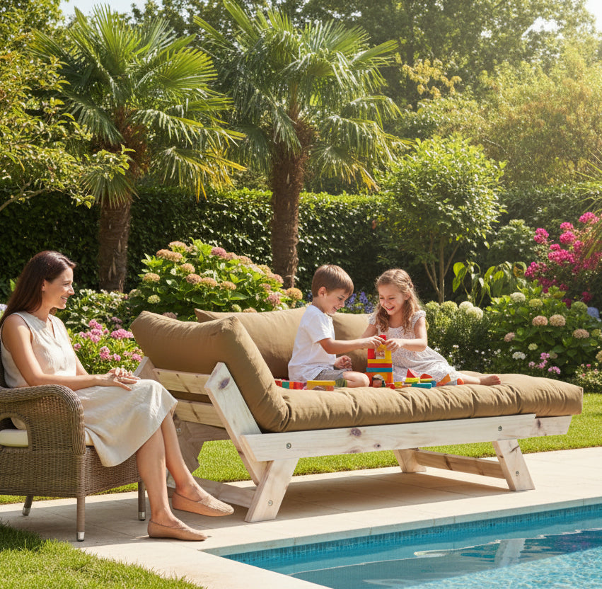 Ξύλινος Καναπές Κήπου Διθέσιος με Μαξιλάρια Αδιάβροχα Φυσικό και Κάμελ 120PLT1113
