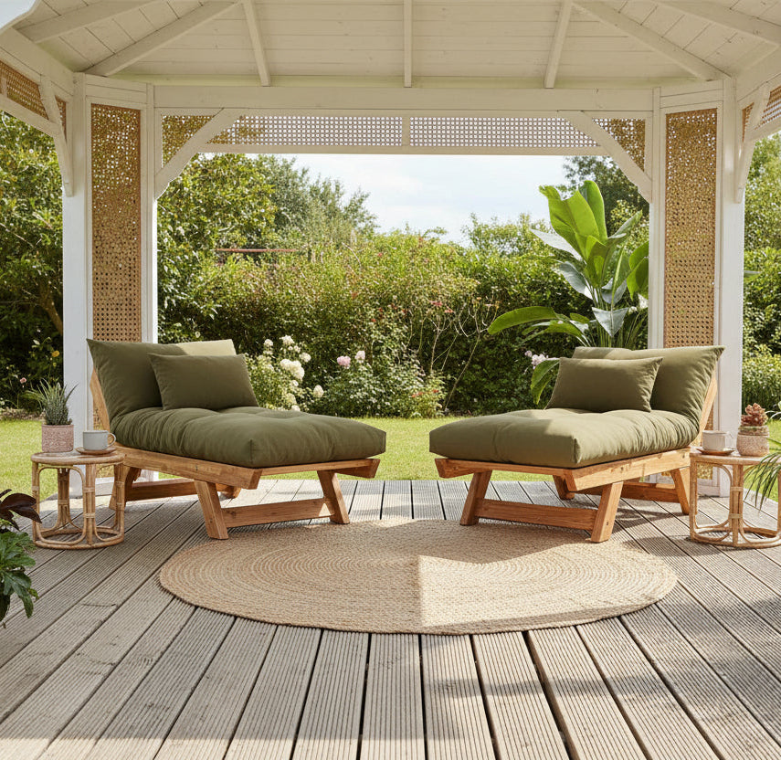 Ξύλινος Καναπές Κήπου Μονός με Μαξιλάρια – Πεύκο & Λινό Ύφασμα Τικ/Κάμελ 120PLT1222