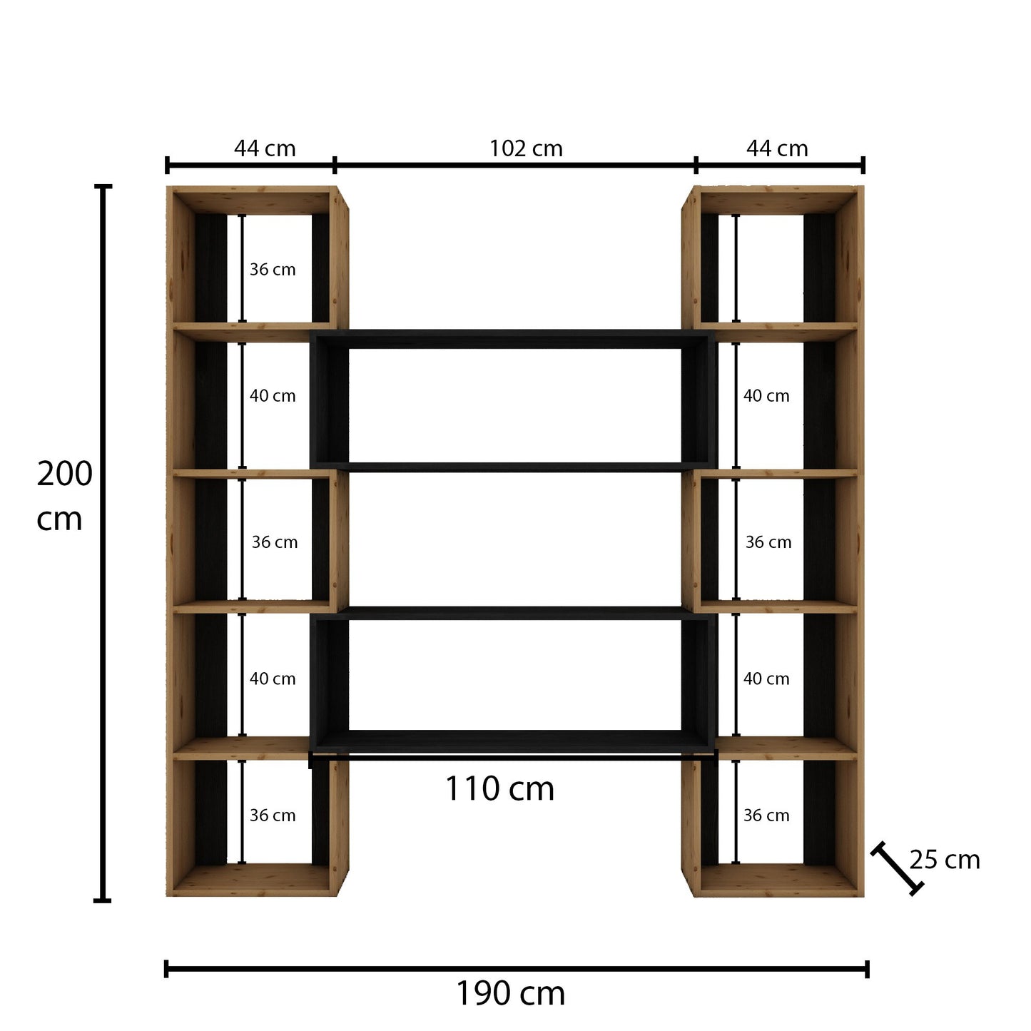 Βιβλιοθήκη 114 × 25 × 200 εκ. Φυσικό Μαύρο GR120PLT1268