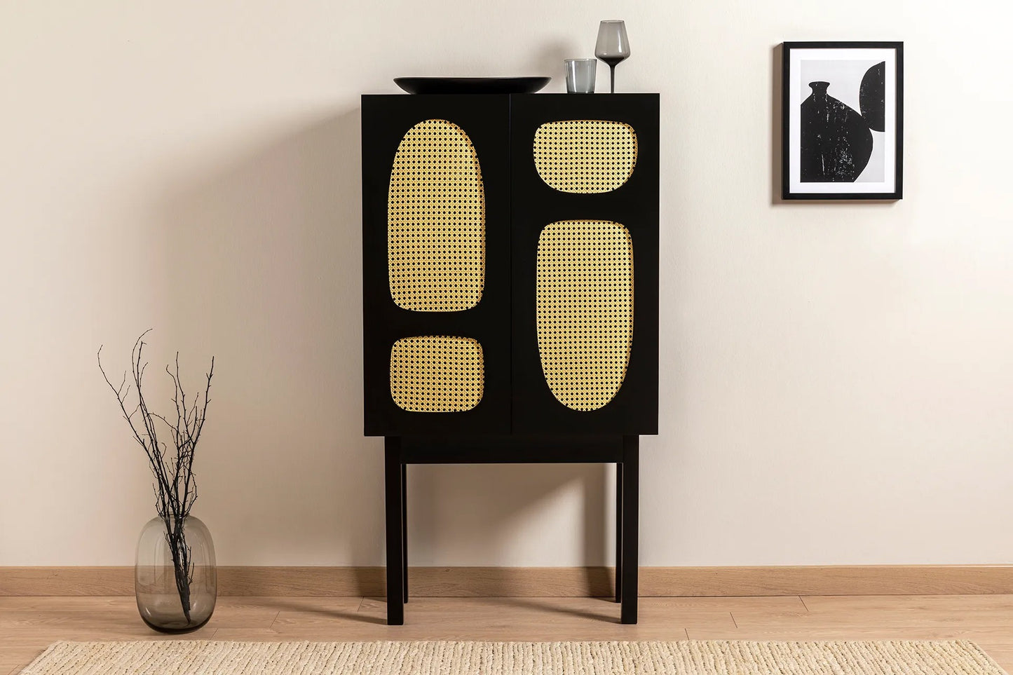 Ψηλό Ντουλάπι Μπουφές Κονσόλα Ντουλάπι με Συρτάρι Boho Μαύρο 141HWR1116