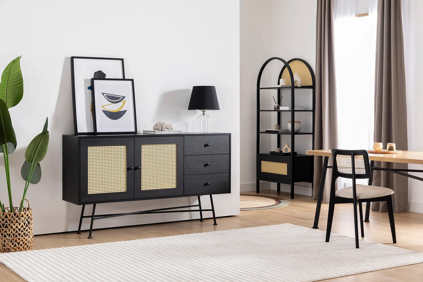 Κονσόλα Εισόδου Μπουφές Boho Με Συρτάρια και Ντουλάπι Φυσικό και Μαύρο Χρώμα 160x90x40 εκ