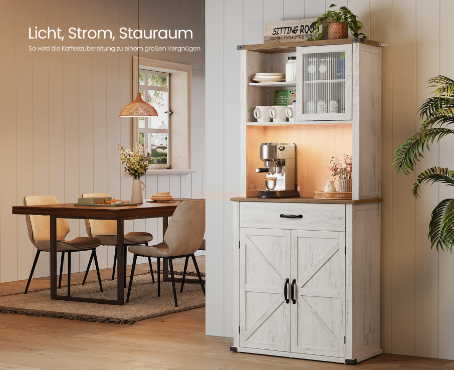 Μπουφές με φωτισμό Ντουλάπι Βοηθητικό Ράφι Κουζίνας με Συρόμενες πόρτες και συρτάρια 39,7 x 80,4 x 180,3 εκ. Παλαιωμένο Λευκό BB-K363W22