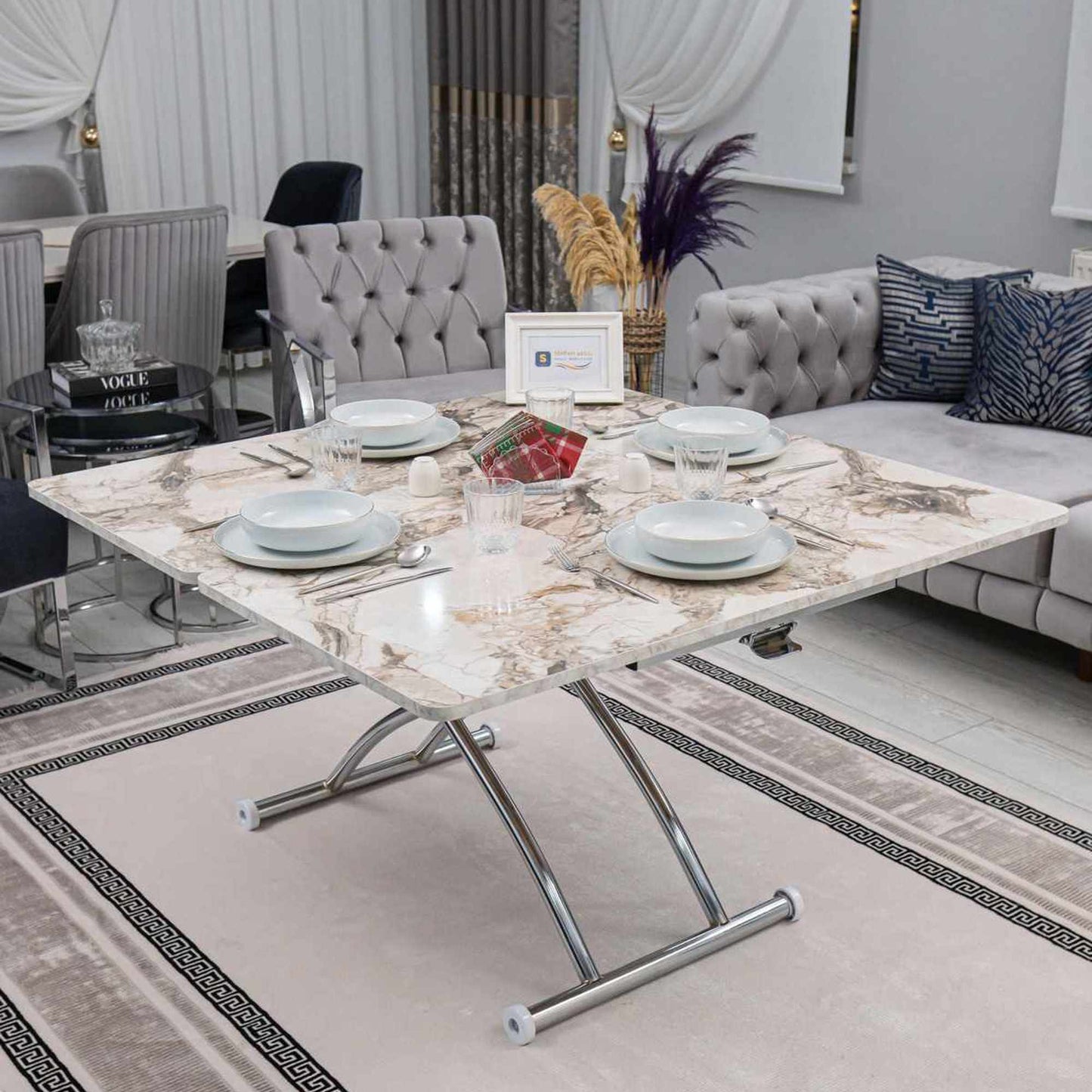 Έξυπνο Τραπεζάκι Σαλονιού Με Ρυθμιζόμενο Ύψος 44–75 εκ και Φάρδος 60-120 εκ με Ροδάκια Πολυχρηστικό Τραπεζαρία Γραφείο Συναρμολογημένο Λευκό Μάρμαρο Χρώμιο 272TBL1204