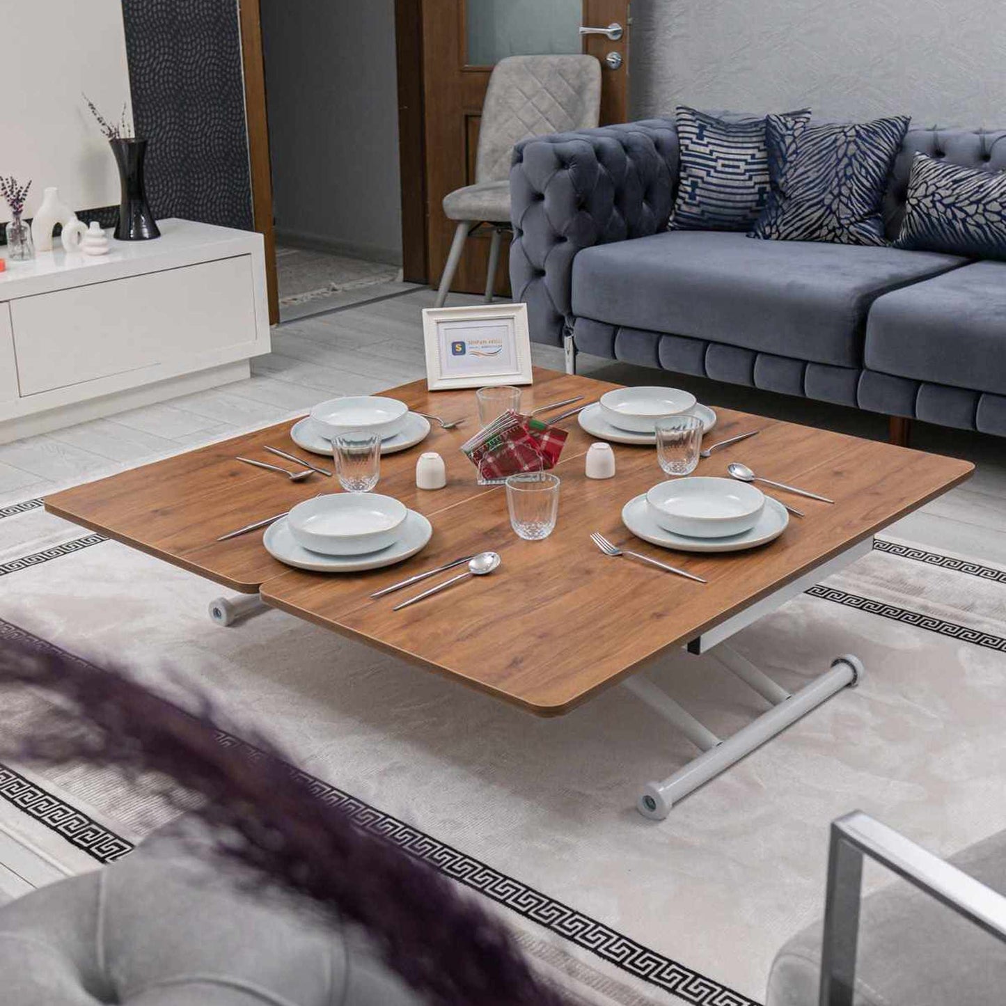 Έξυπνο Τραπεζάκι Σαλονιού Με Ρυθμιζόμενο Ύψος 44–75 εκ και Φάρδος 60-120 εκ με Ροδάκια Πολυχρηστικό Τραπεζαρία Γραφείο Συναρμολογημένο Καρυδιά Λευκό 272TBL1205
