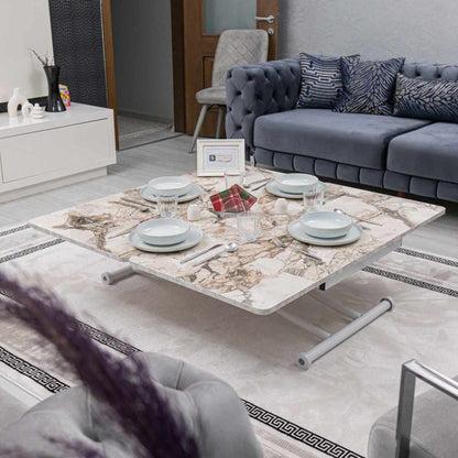 Έξυπνο Τραπεζάκι Σαλονιού Με Ρυθμιζόμενο Ύψος 44–75 εκ και Φάρδος 60-120 εκ με Ροδάκια Πολυχρηστικό Τραπεζαρία Γραφείο Συναρμολογημένο Λευκό Μάρμαρο Λευκό 272TBL1251