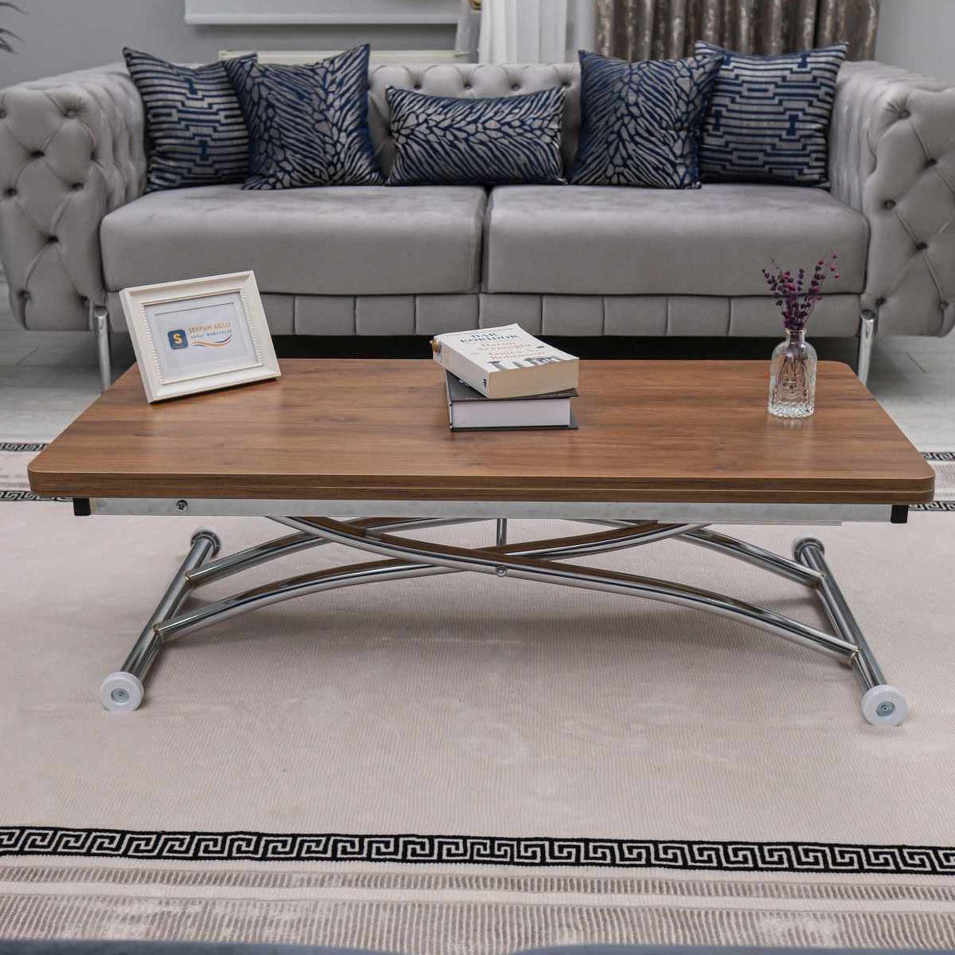 Έξυπνο Τραπεζάκι Σαλονιού Με Ρυθμιζόμενο Ύψος 44–75 εκ και Φάρδος 60-120 εκ με Ροδάκια Πολυχρηστικό Τραπεζαρία Γραφείο Συναρμολογημένο Καρυδιά Χρώμιο 272TBL1256