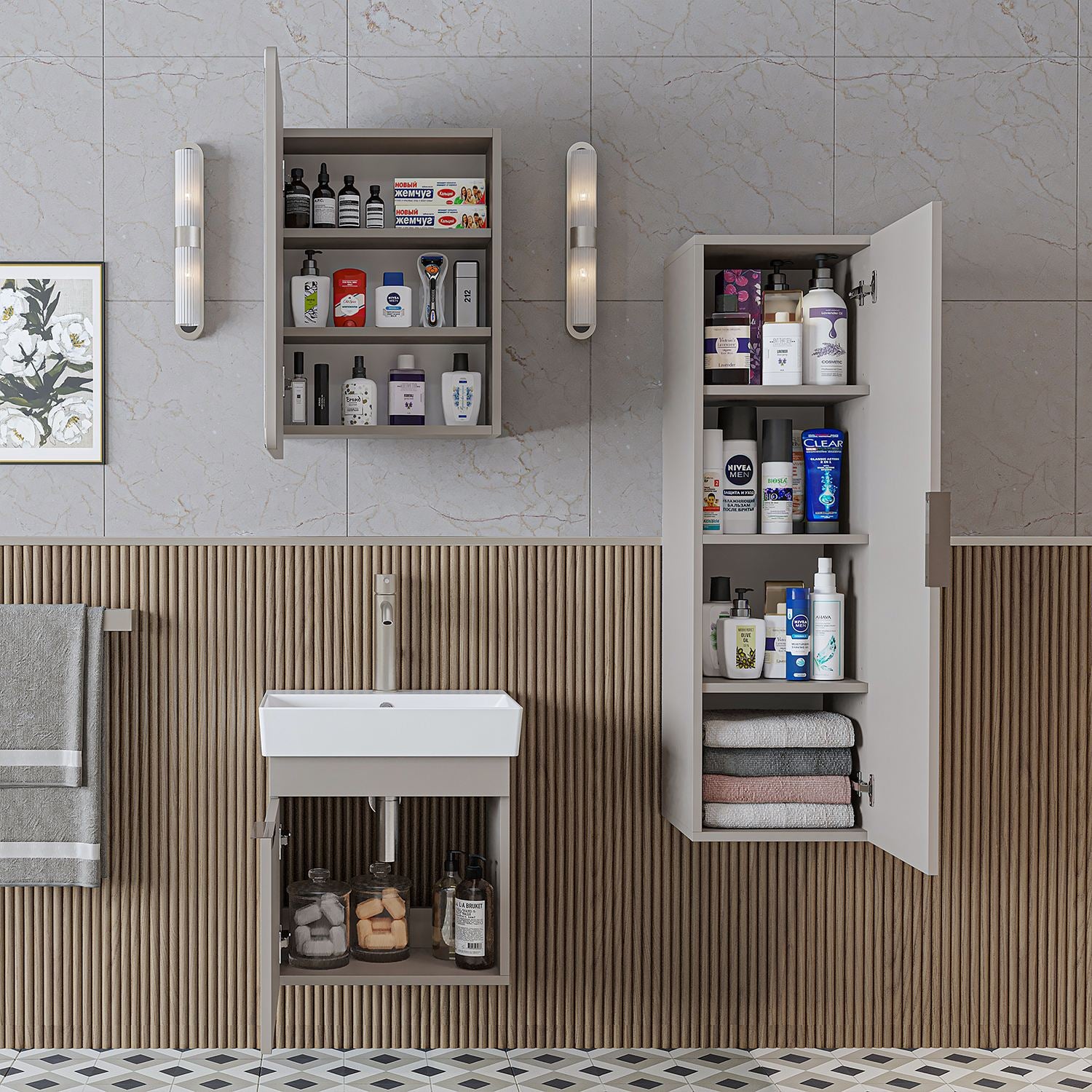 Σετ Επίπλου Μπάνιου με Νιπτήρα & Καθρέφτη (3 Τεμάχια) σε χρώμα Ψαμμίτης, 283VLN1205.