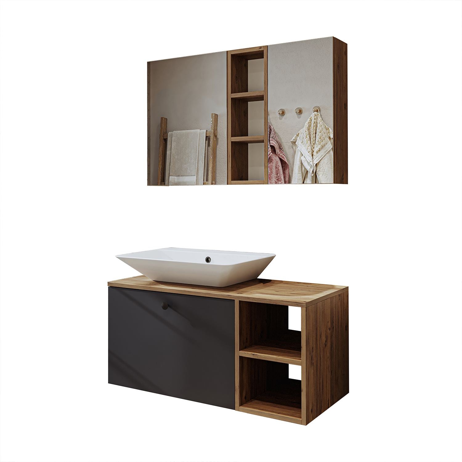 Σετ Επίπλου Μπάνιου με Νιπτήρα & Καθρέφτη (2 Τεμάχια) σε χρώμα Πεύκο Atlantic / Ανθρακί, 283VLN1263.