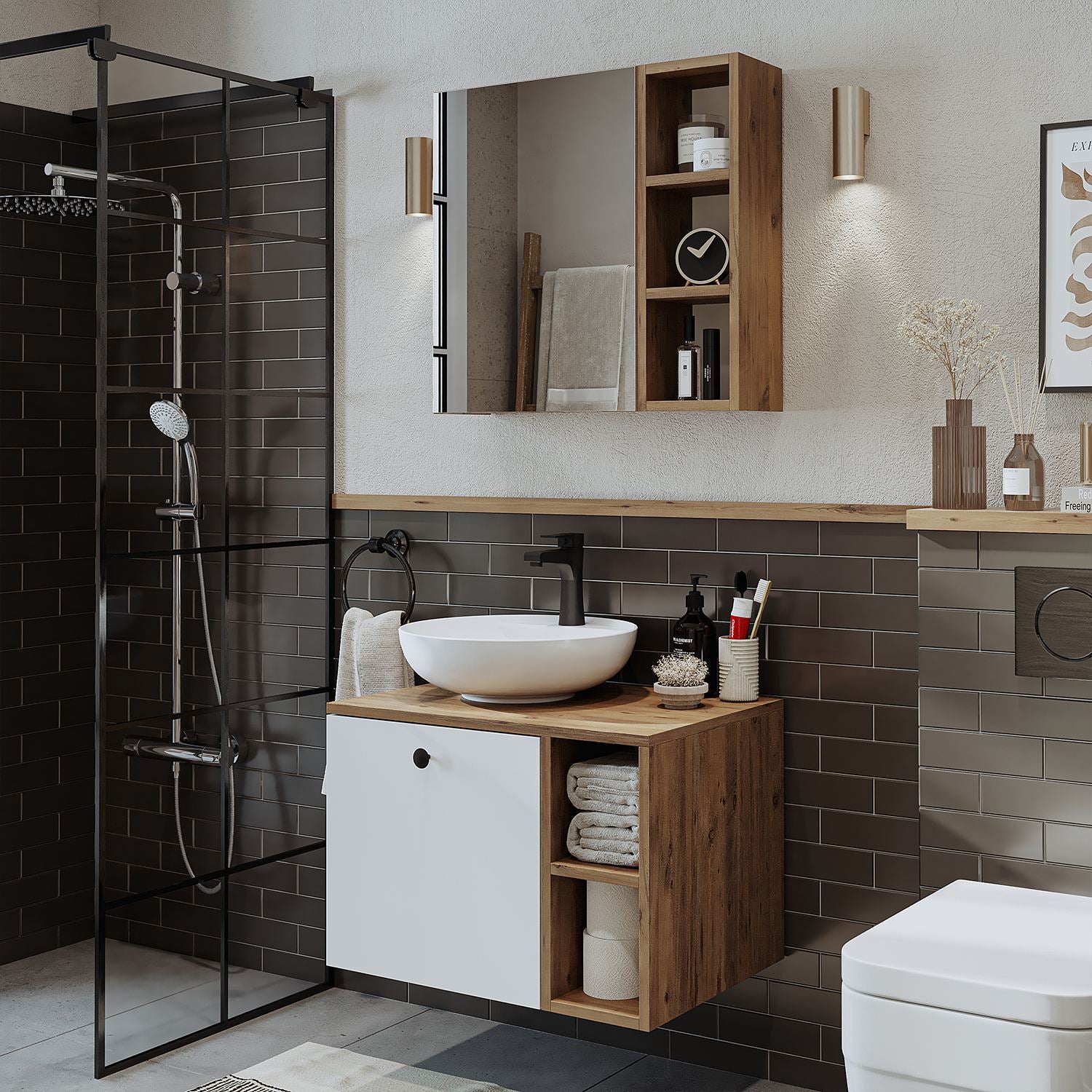 Σετ Επίπλου Μπάνιου με Νιπτήρα & Καθρέφτη (2 Τεμάχια) σε χρώμα Πεύκο Atlantic / Λευκό, 283VLN1269.