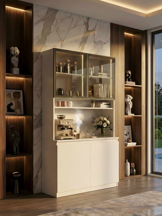 Ντουλάπι Καφέ MDF με Βιτρίνα, Φωτισμό LED & Πόρτες Soft Close 120×40×201 εκ. – Λευκό 285VST1148