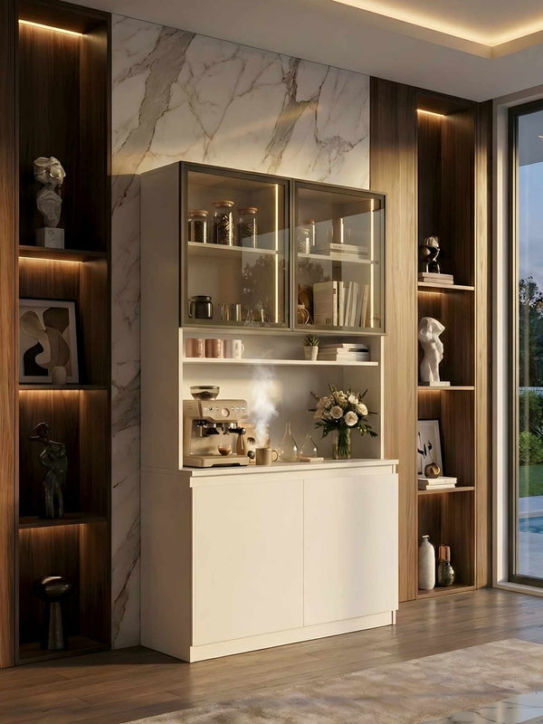 Ντουλάπι Καφέ MDF με Βιτρίνα, Φωτισμό LED & Πόρτες Soft Close 120×40×201 εκ. – Λευκό 285VST1148