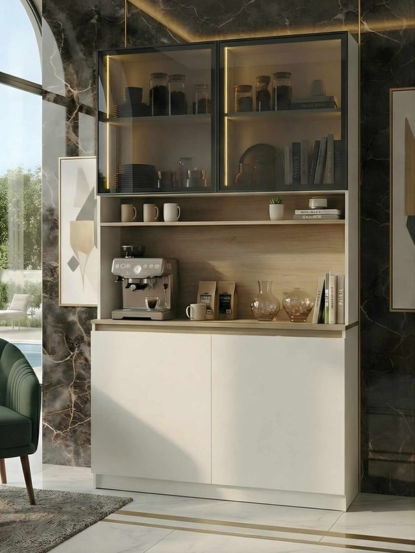 Ντουλάπι Καφέ MDF με Βιτρίνα, Φωτισμό LED & Πόρτες Soft Close – Λευκό / Τοσκάνη 285VST1150