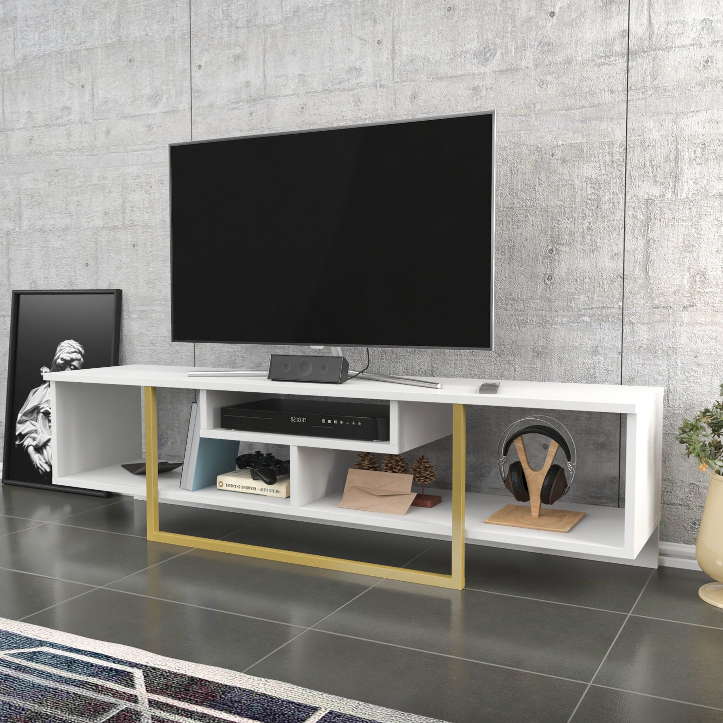 Έπιπλο Τηλεόρασης TV Βάση Σύνθεση Λευκό Χρυσό | 322RTC2115