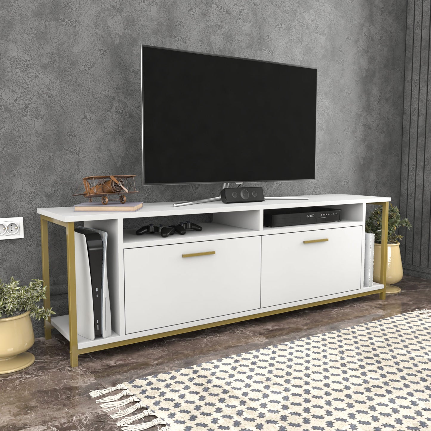Έπιπλο Τηλεόρασης TV Βάση Σύνθεση Λευκό Χρυσό | 322RTC2162