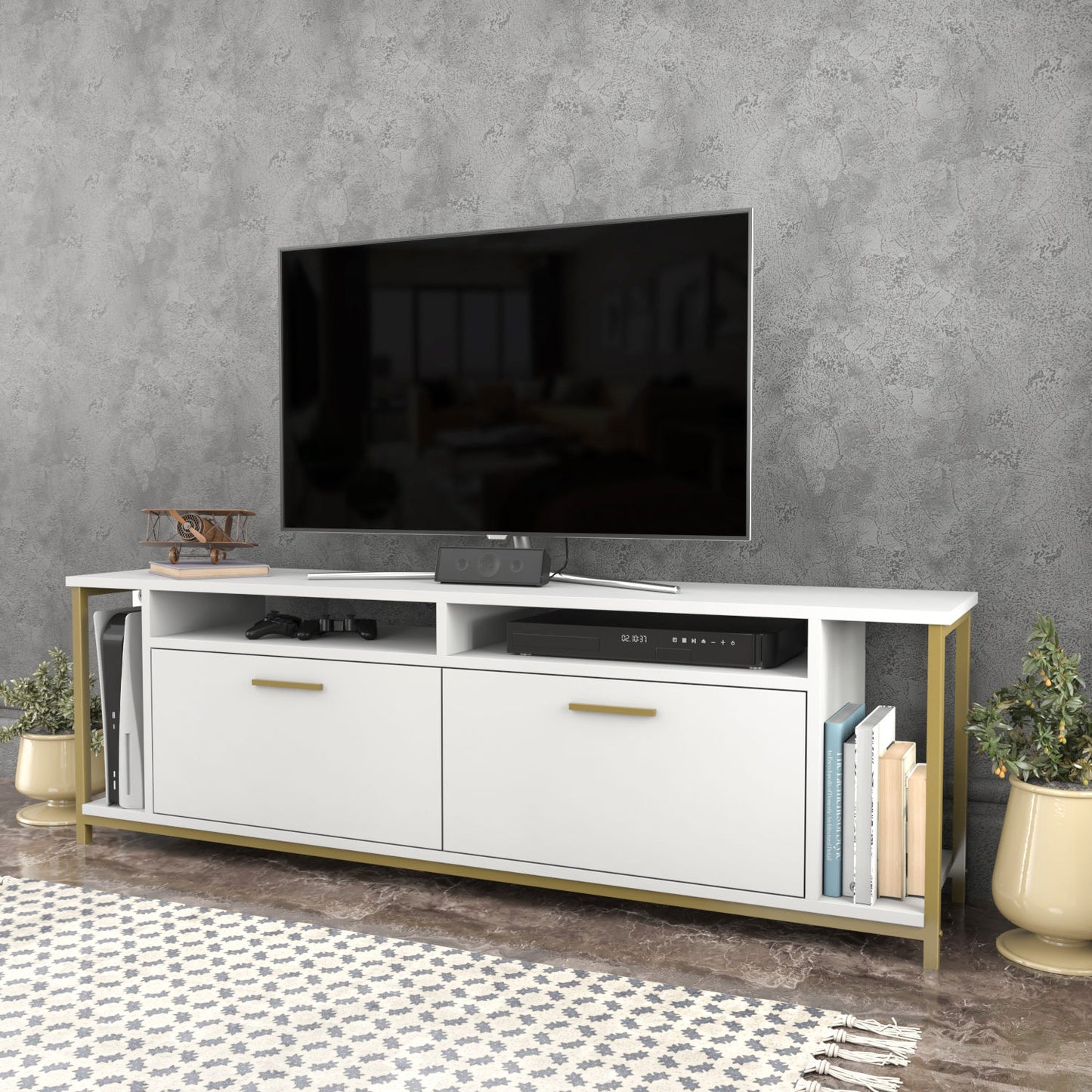 Έπιπλο Τηλεόρασης TV Βάση Σύνθεση Λευκό Χρυσό | 322RTC2162